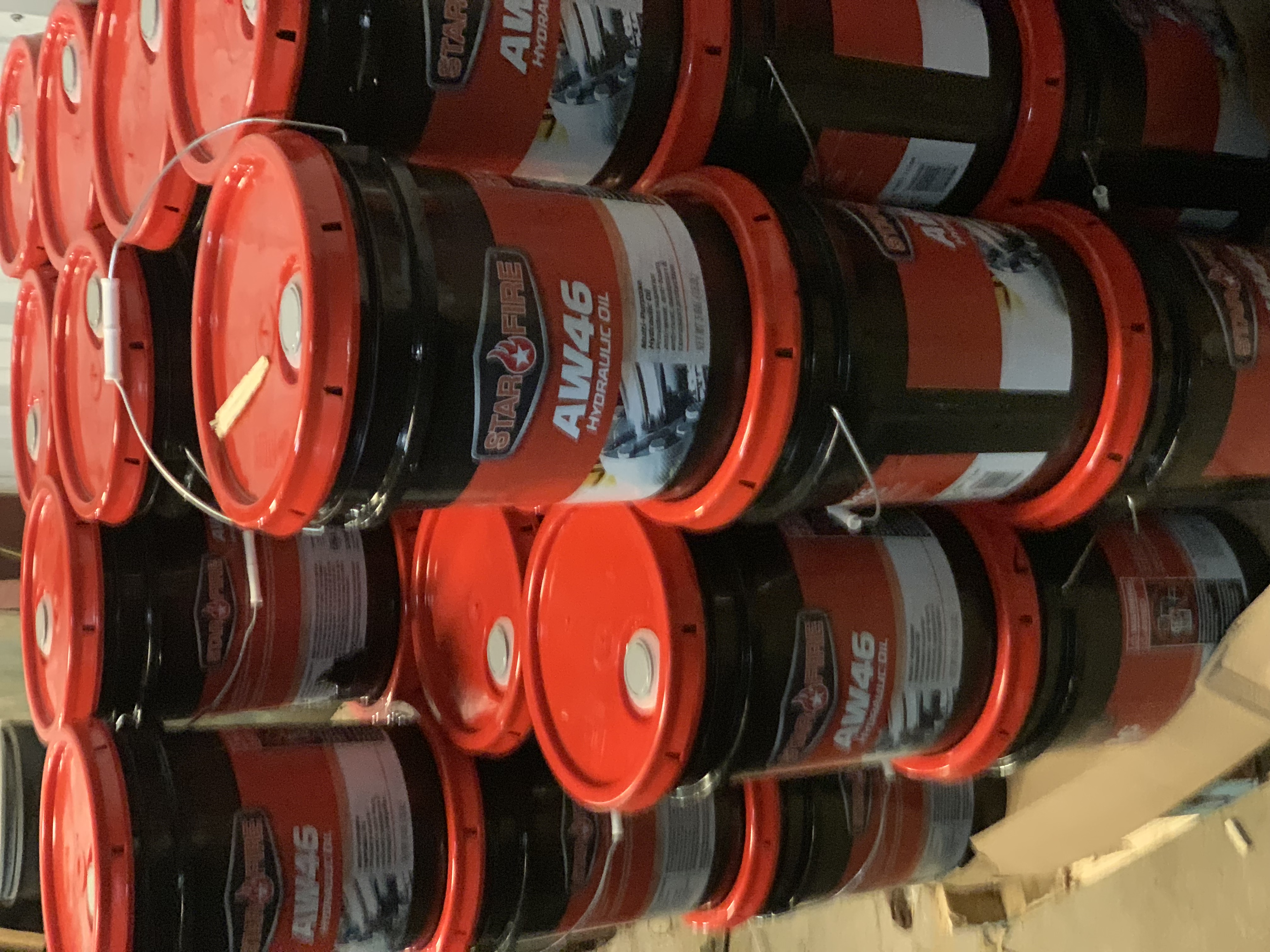 AW46 hydraulic oil inventory drums on pallet